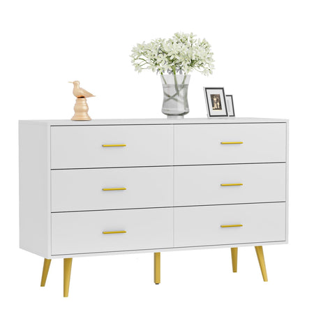 White Dresser for Bedroom, 6 Drawer Dresser with Wide Drawers and Gold Metal Handles