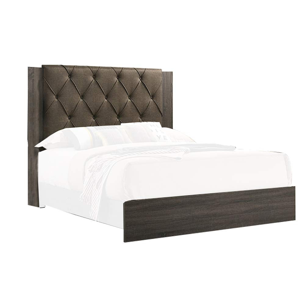 Bed with Button Tufted Headboard, Gray and Brown