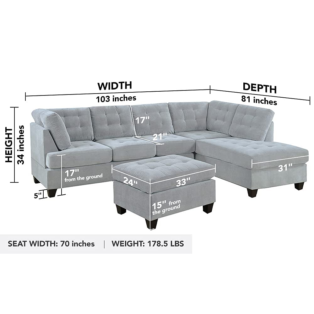 3 Piece Modern Tufted Micro Suede L Shaped Sectional Sofa