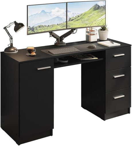 Computer Desk 53 Inch with 3 Drawers 1 Door and 1 Storage Shelf Ergonomic Wooden Home Office Gaming Writing Workstation Study Furniture - Grey