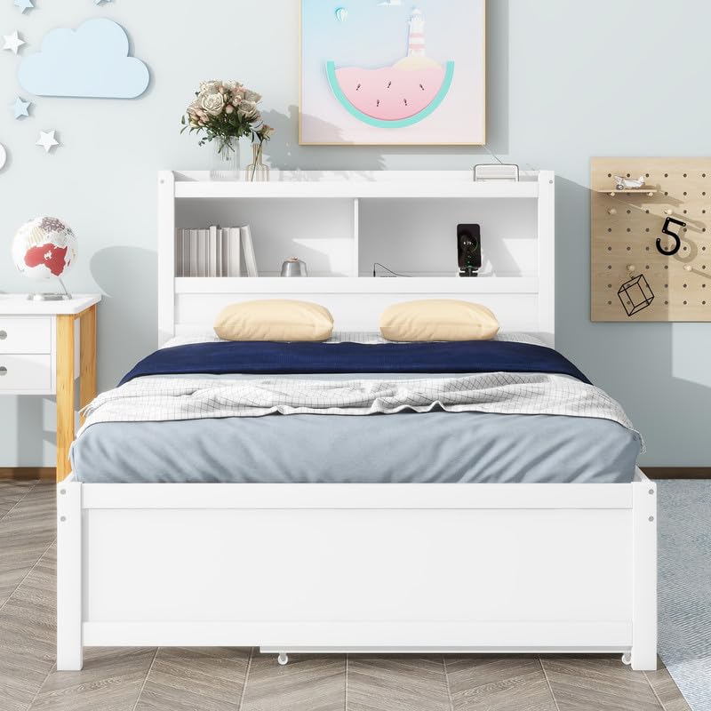 Size Daybed with Storage Headboard, Trundle and 2 Drawers, Built-in USB Plugs, Full Bed