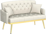 Upholstered Velvet Loveseat Sofa, Modern Small Sofa Couch with Side Pocket and Golden