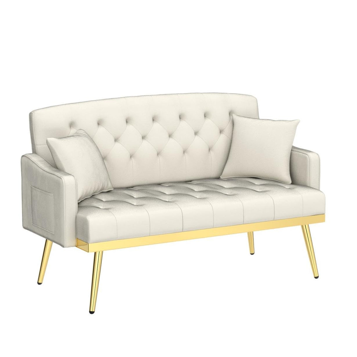 Upholstered Velvet Loveseat Sofa, Modern Small Sofa Couch with Side Pocket and Golden