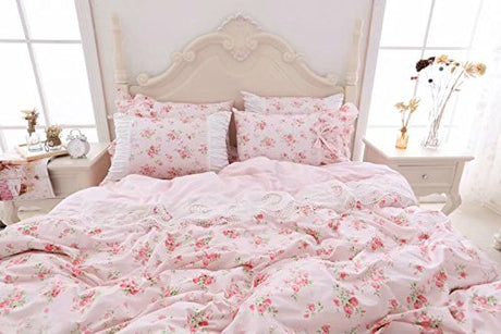 Romantic Roses Print Duvet Cover Set with Bed Skirt Pink Lace Ruffle Floral Shabby