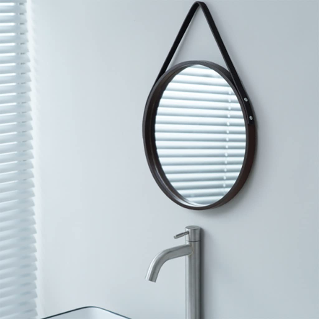 Nordic Wall Mounted Large Round Mirror, PU Leather Strap Circle Hanging Mirror