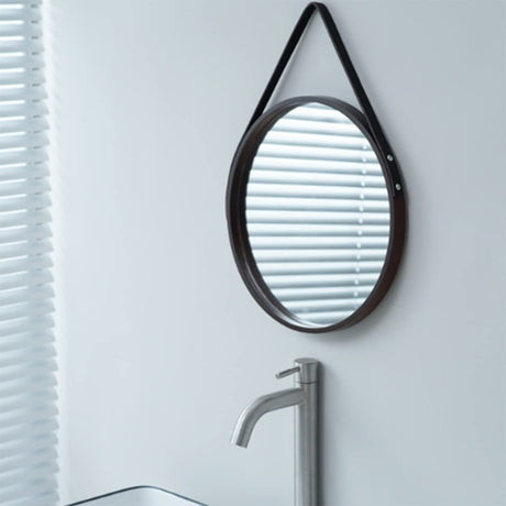 Nordic Wall Mounted Large Round Mirror, PU Leather Strap Circle Hanging Mirror