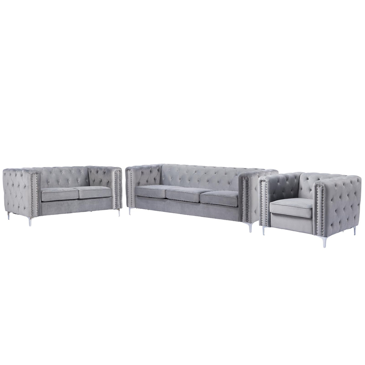 3 Pieces Velvet Tufted Sofa Set with Thick Padded Seat Cushion, Mid Century Furniture Set Couch Set Including