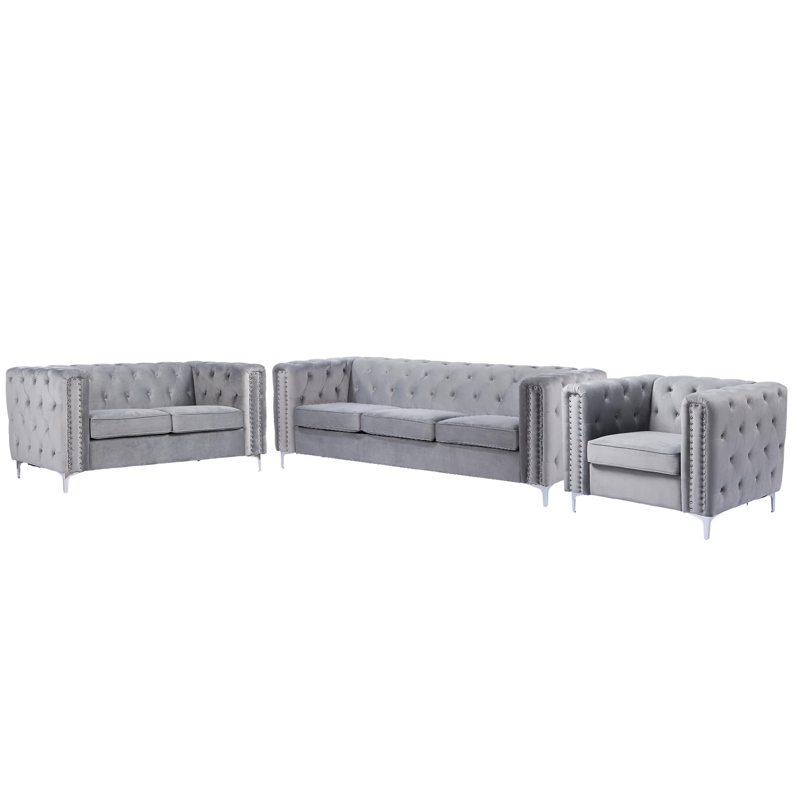 3 Pieces Velvet Tufted Sofa Set with Thick Padded Seat Cushion