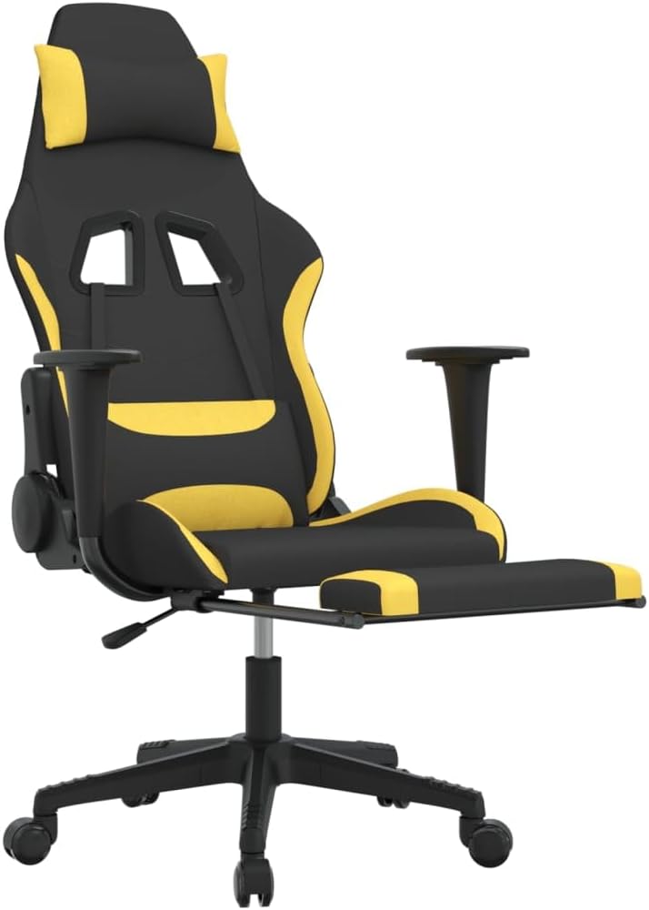 Adjustable Gaming Chair with Footrest - Black and Yellow Fabric