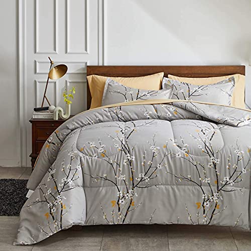Gray Comforter Sheet Set Bed in a Bag 7 Pieces King Size Tree Branch Bloom Flower Spring Summer Bedding Set (1 Comforter 2 Pillow Shams 1 Tan Flat Sheet 1 Fitted Sheet 2 Pillowcases)