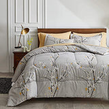 Gray Comforter Sheet Set Bed in a Bag 7 Pieces King Size Tree Branch Bloom Flower Spring Summer Bedding Set (1 Comforter 2 Pillow Shams 1 Tan Flat Sheet 1 Fitted Sheet 2 Pillowcases)