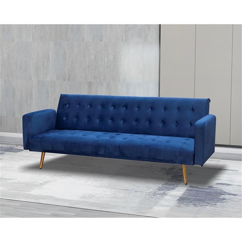 Mid Century Convertible Sofa Couch for Living Room, Button Tufted Velvet Sofa Bed for Small Apartment, Modern Futon Couch in Navy Blue