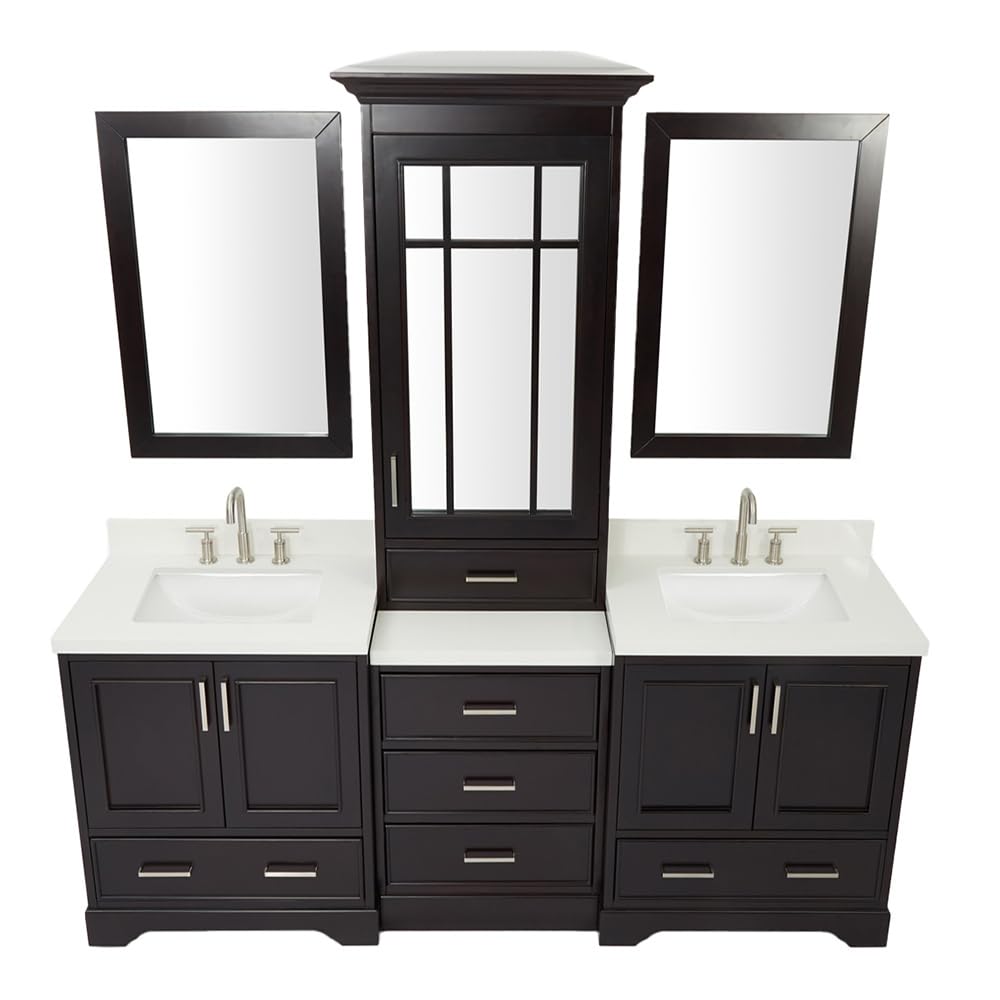 85" Espresso Double Vanity with 1.5" Edge Pure White Quartz Countertop & Backsplash