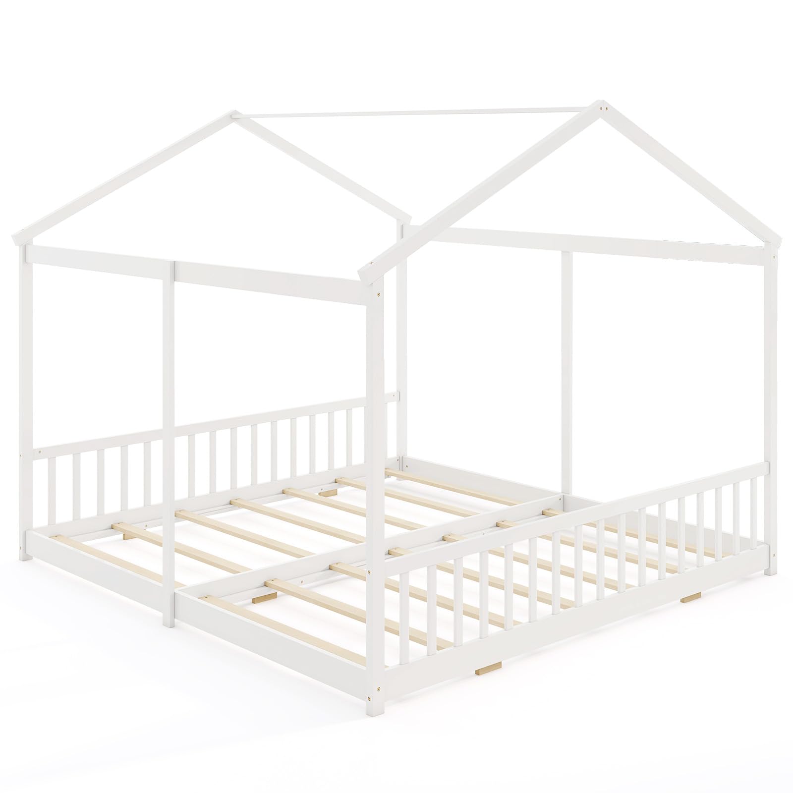 Twin Floor House Bed, House Platform Beds for 2 Kids, Double Montessori Floor Bed