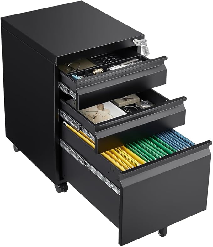 3 Drawer Mobile File Cabinet with Lock, Black Vertical File Cabinet