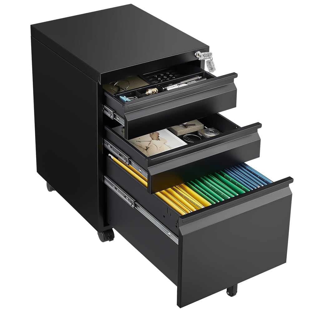 3 Drawer Mobile File Cabinet with Lock, Black Vertical File Cabinet