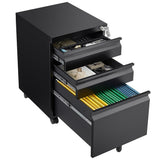 3 Drawer Mobile File Cabinet with Lock, Black Vertical File Cabinet