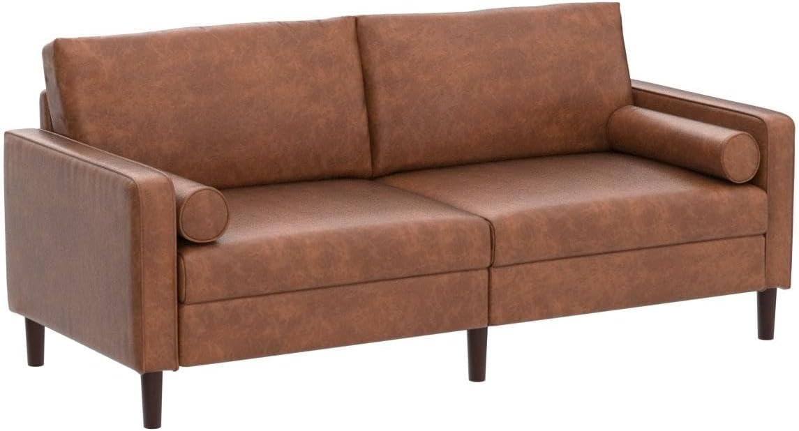 77” Mid-Century Modern Loveseat Couch, Leather Faux Sofa with Two Upholstered Cushions, Comfortable Couch with Wooden Frame and 3 Seater, for Living Room, Bedroom, Office(Brown)