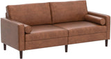 77” Mid-Century Modern Loveseat Couch, Leather Faux Sofa with Two Upholstered Cushions, Comfortable Couch with Wooden Frame and 3 Seater, for Living Room, Bedroom, Office(Brown)