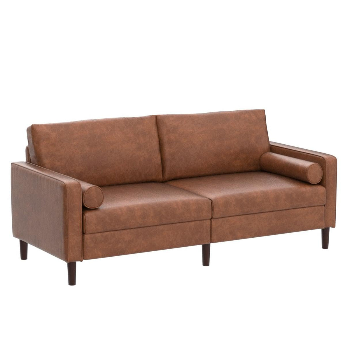 77” Mid-Century Modern Loveseat Couch, Leather Faux Sofa with Two Upholstered Cushions, Comfortable Couch with Wooden Frame and 3 Seater, for Living Room, Bedroom, Office(Brown)