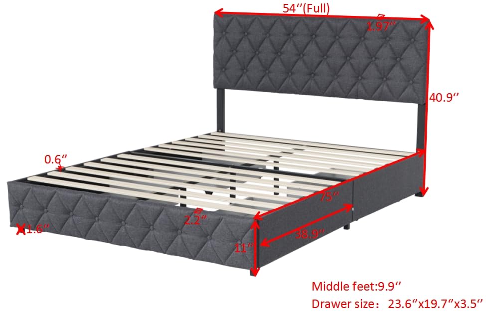 Full Size Upholstered Platform Bed Frame with Adjustable Headboard & 4 Storage Drawers