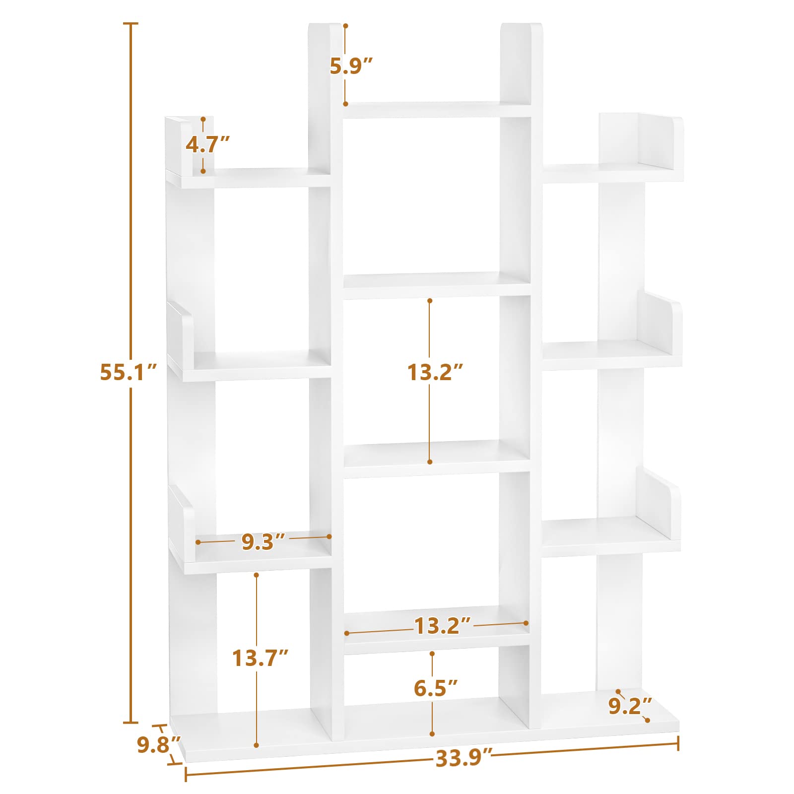 Bookshelf, Tree-Shaped Bookcase Storage Shelf with 13 compartments, Books Organizer Display Cube Shelves, Industrial Free Floor Standing Wood Open Bookshelves for Home, White