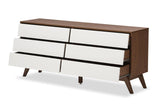 Studio Hildon Modern 6-Drawer Storage Dresser Mid-Century/Particle Board/MDF with PU Paper/White/Walnut Brown