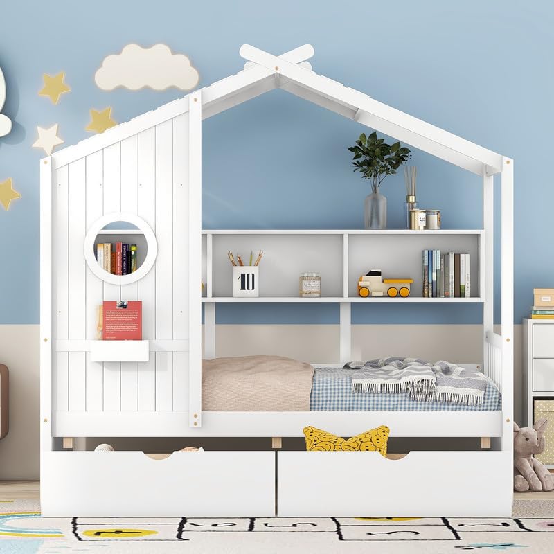 Twin Bed Frames with Storage, Twin Size House Bed with 2 Drawers and Side Shelves