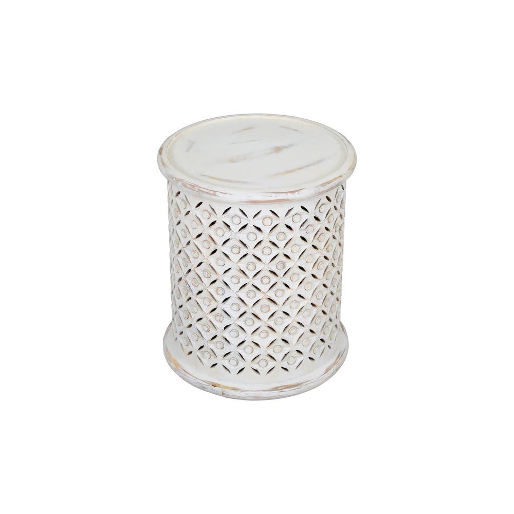 Elegant White Distressed Hardwood Drum End Table for Contemporary Spaces