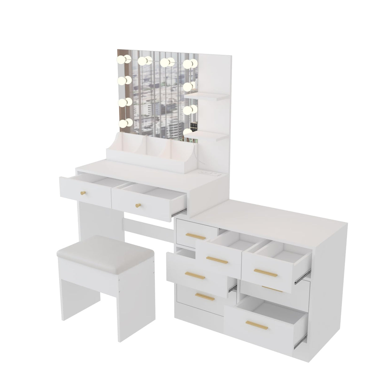 31.5in Large Makeup Vanity with Charging Station Dressing Table with Mirror and 10 LED Light Bulbs Vanity Desk Set