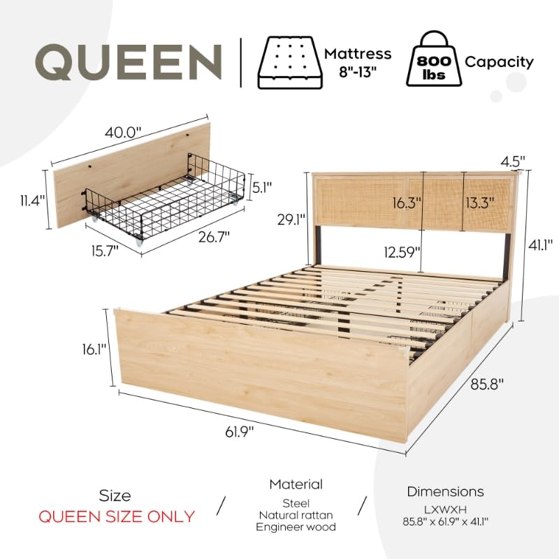 Yechen Queen Bed Frame with Natural Rattan Headboard and Wooden 4 Storage Drawers, Metal Platform with Strong Wooden Slats Support, Boho Cane Bed Mattress Foundation, No Box Spring Needed