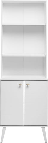 Mid-Century Modern Bookcase with Six Shelves, Two Doors, and Brushed Brass-Finished