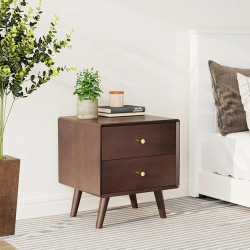 Mid Century Modern Nightstand, Walnut Oak Solid Wood Night Stand with 2 Drawers