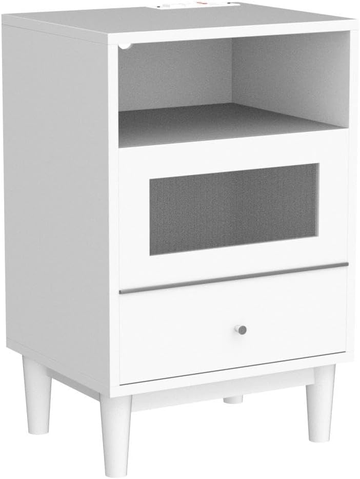 White Nightstand with Charging Station, End Table with Glass Drawers, Night Stand