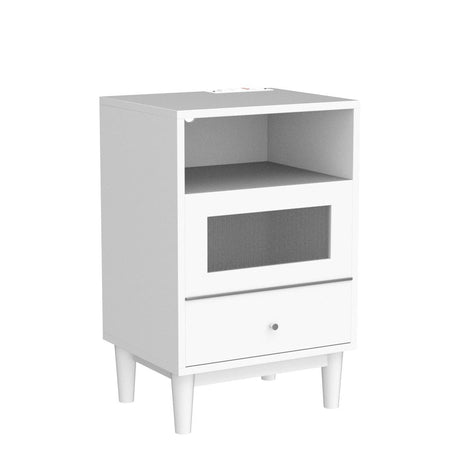 White Nightstand with Charging Station, End Table with Glass Drawers, Night Stand