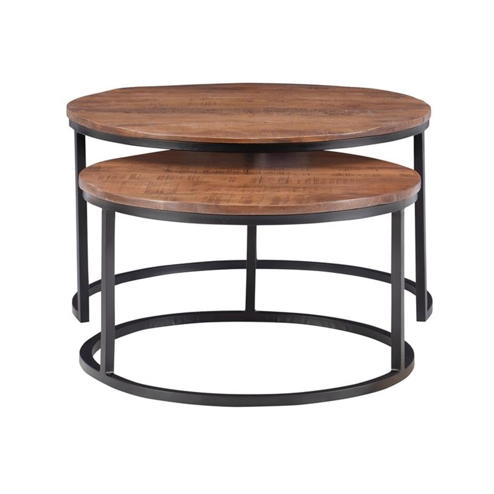 Linon Mina Round Wood Nesting Coffee Tables (Set of 2) in Black Matte Iron