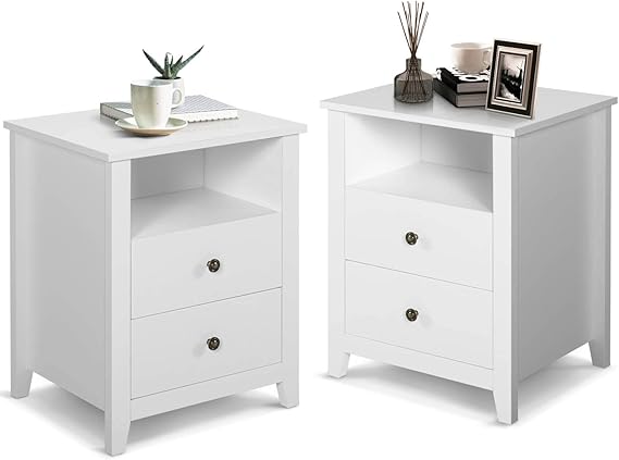 Black Nightstand Set of 2, Bedroom Nightstand with 2 Storage Drawers