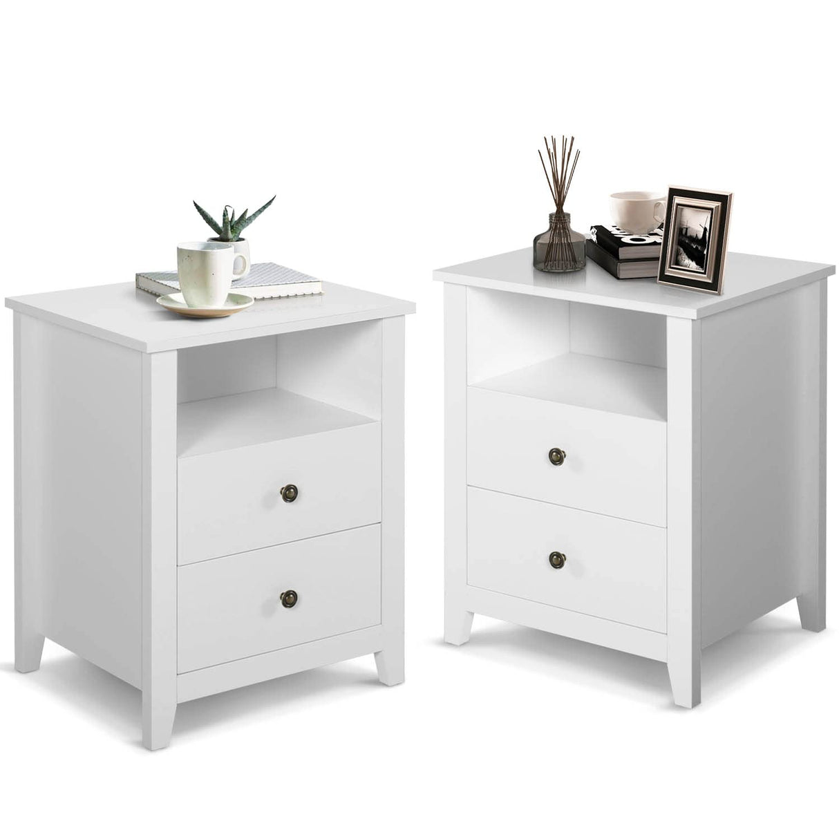 White Nightstand Set of 2, Bedroom Nightstand with 2 Storage Drawers