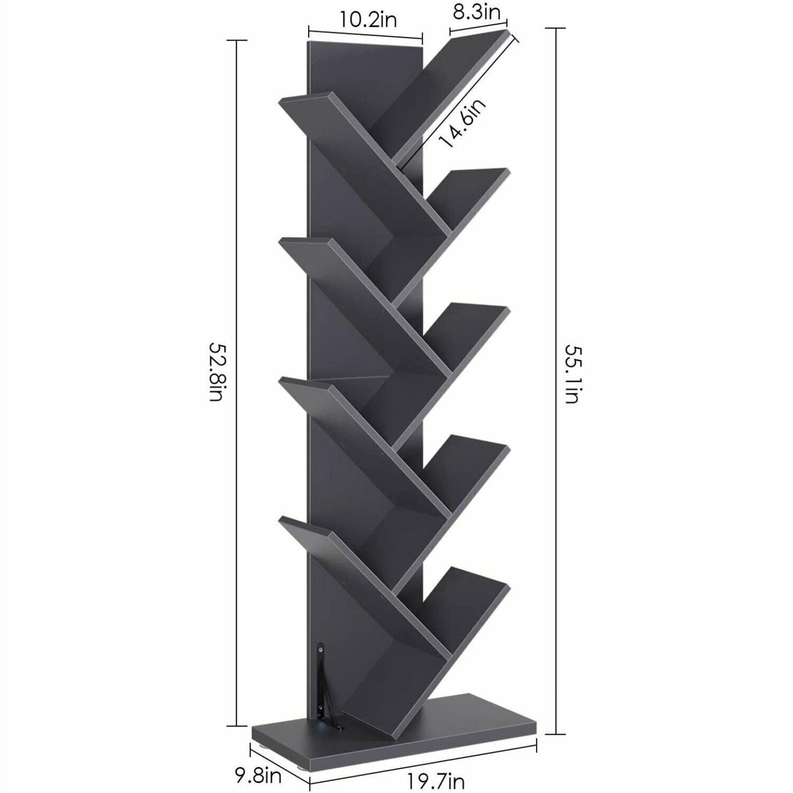 SUNESA Bookshelf Wooden Bookshelf Floor Standing Bookcase Tree-Shaped Bookshelf, 8 Layers, Iron Gray, Bookshelf Shelf, Used for Home Office. Freestanding Bookshelves Tree Bookshelf