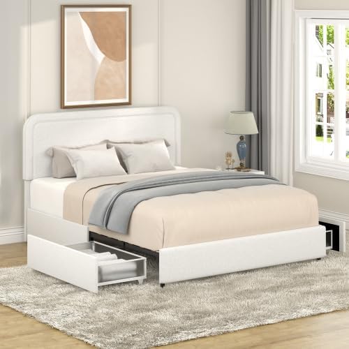 Queen Size Upholstered Bed Frame, Platform Bed with Patented 4 Drawers Storage and Headboard,