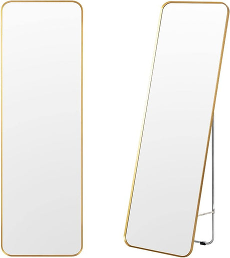 Full Length Wall Mounted Mirror w/Stand, Gold Steel Frame Floor Mirror with Explosion