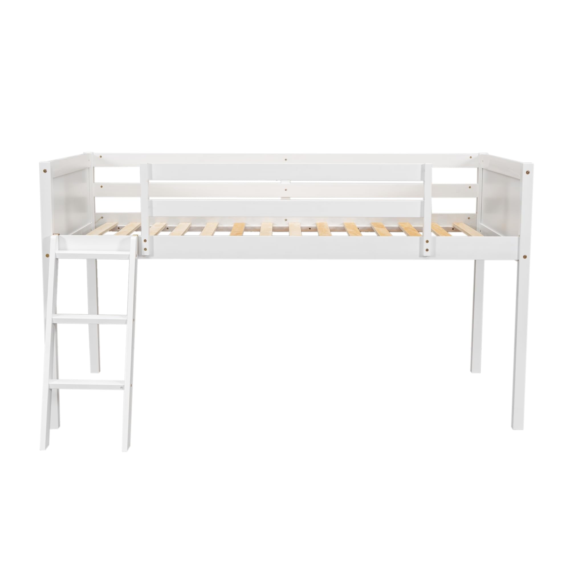 Twin Low Loft Bed, Twin Size Loft Bed with Ladder & Safety Guardrails, Wood Junior Lof