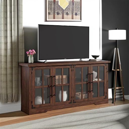 Farmhouse TV Stand with 4 Glass Doors, Modern Buffet Sideboard Cabinet