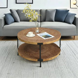 Round Boho Wood Coffee Table - 29.1" Farmhouse Natural Circle Wooden 2-Tier Coffee