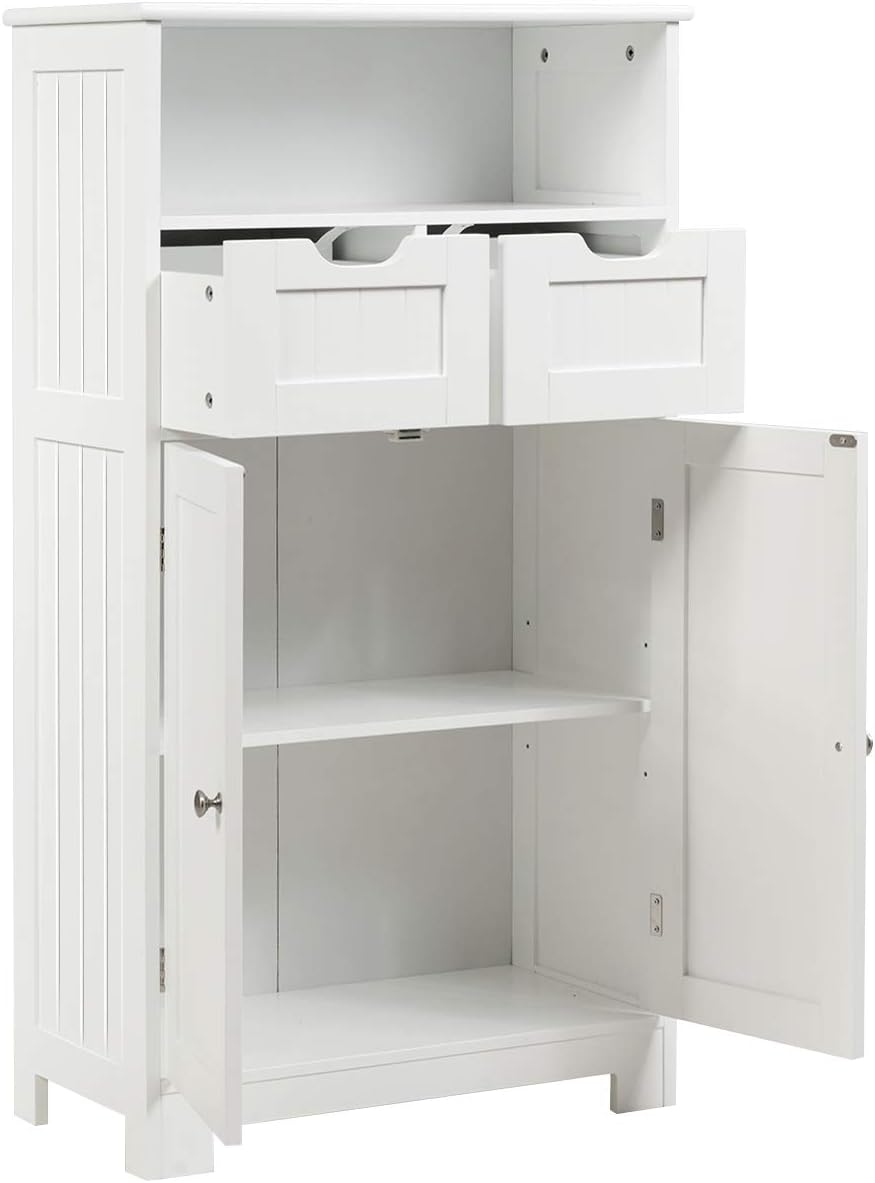 Bathroom Floor Cabinet, Storage Cabinet w/Open Shelf, 2 Doors & 2 Adjustable Drawers,