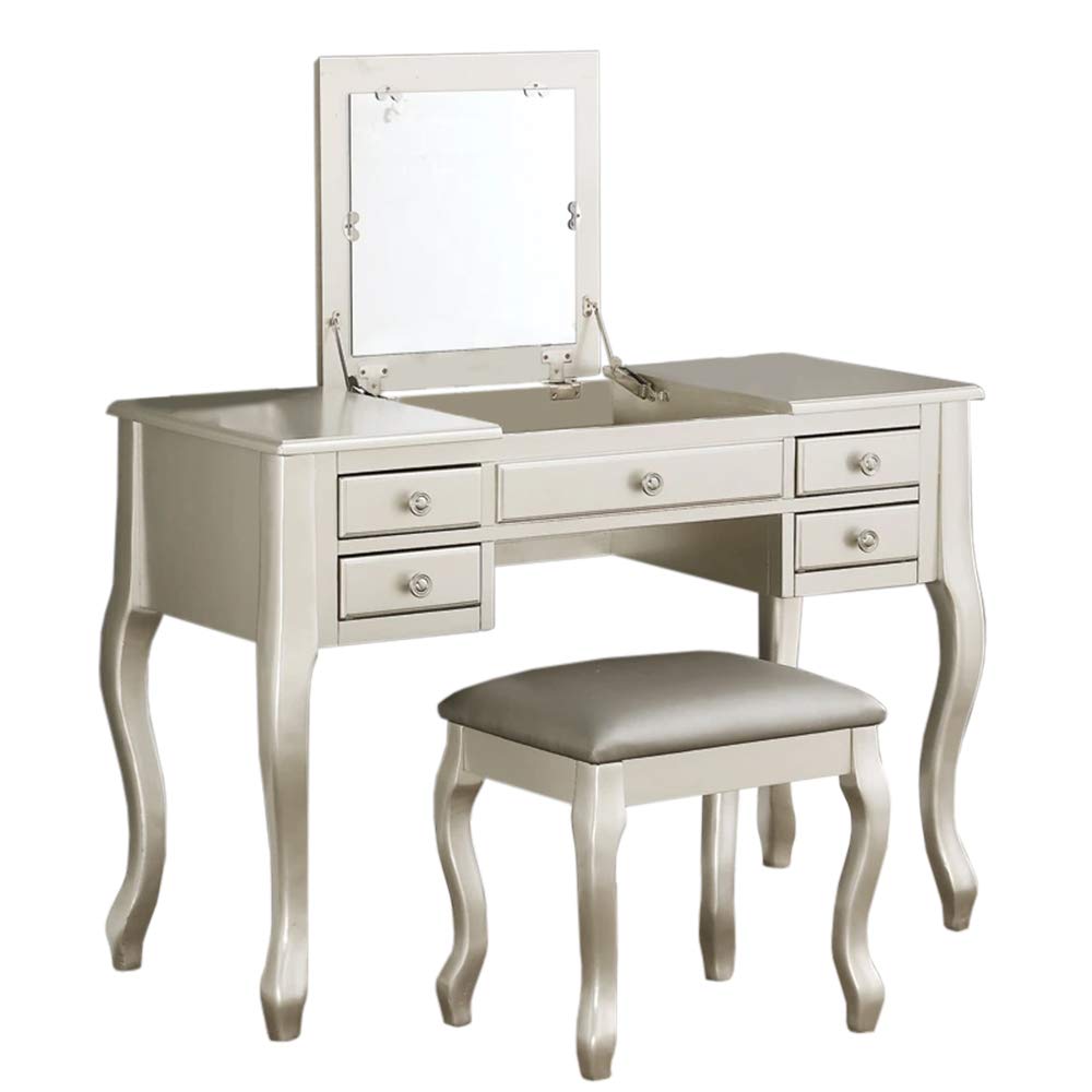 Featuring Stool and Mirror Silver Vanity Set,