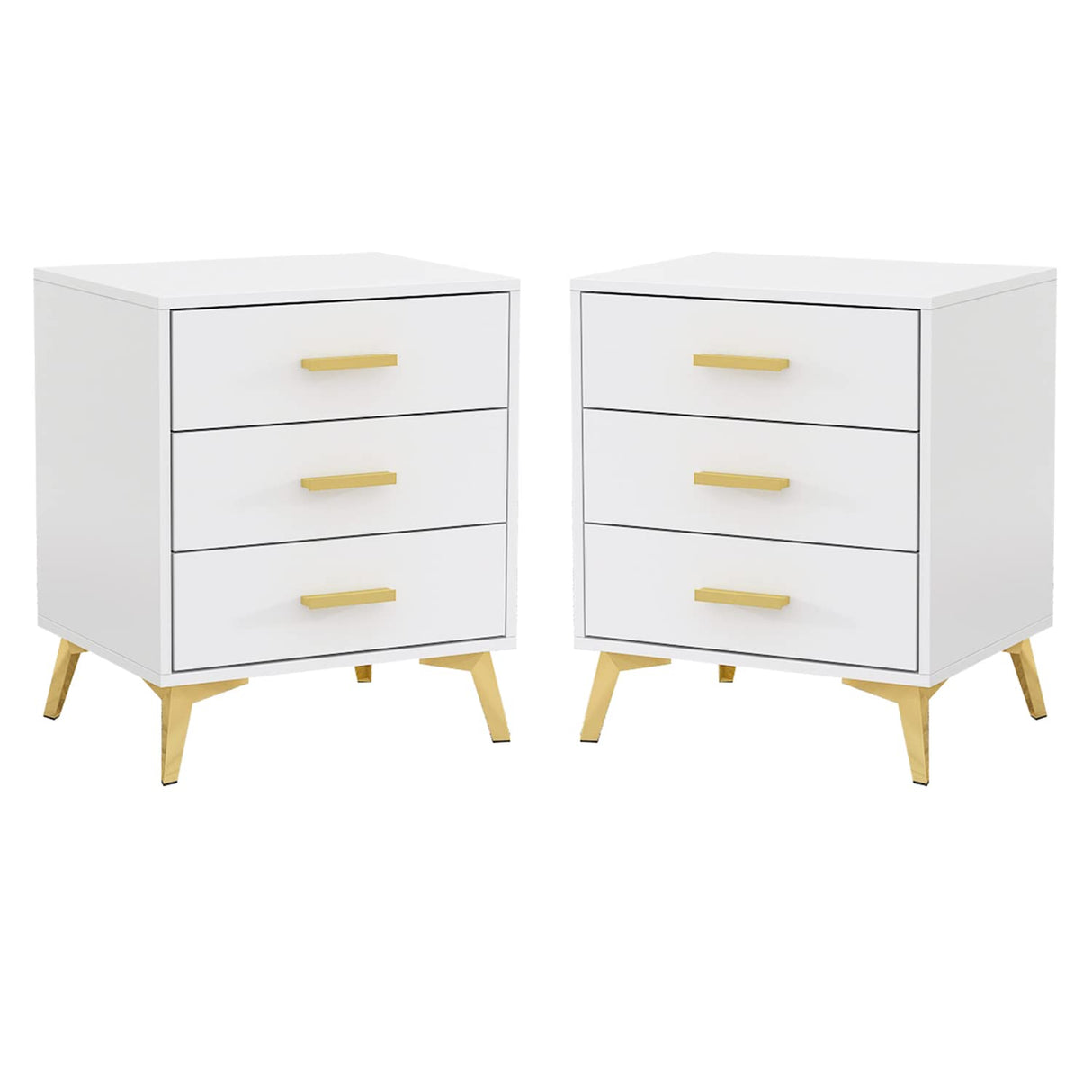 Set of 2 Nightstands with 3 Storage Drawers & Gold Metal Legs, Modern Bedside