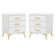Set of 2 Nightstands with 3 Storage Drawers & Gold Metal Legs, Modern Bedside