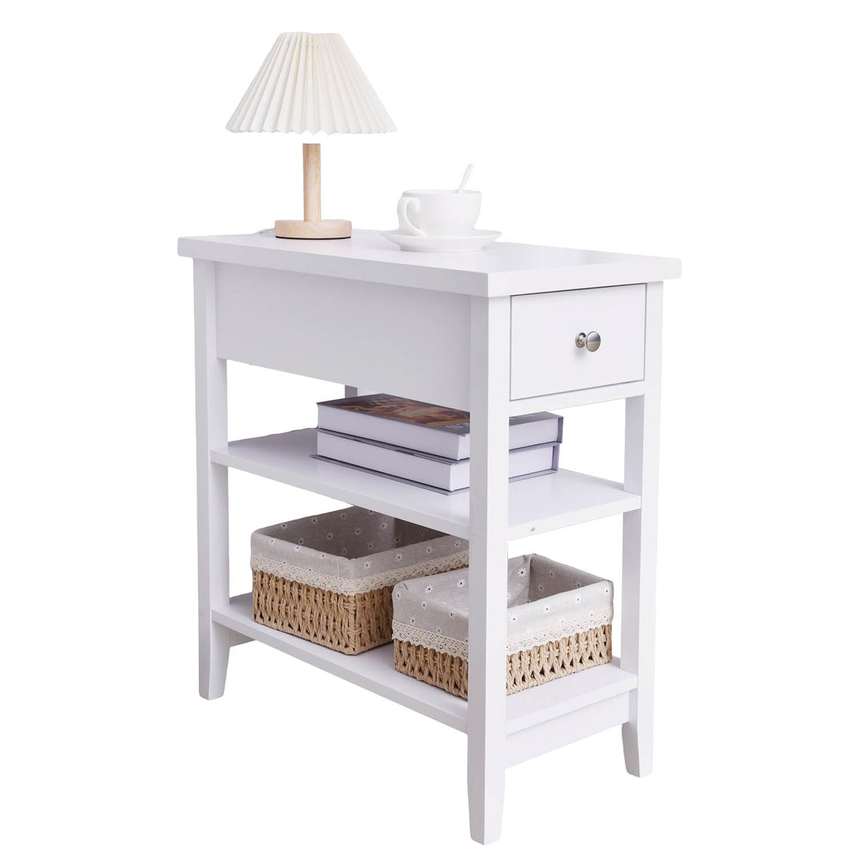 End Table with Drawer and Double Shelves, Side Table Sofa Table Nightstand