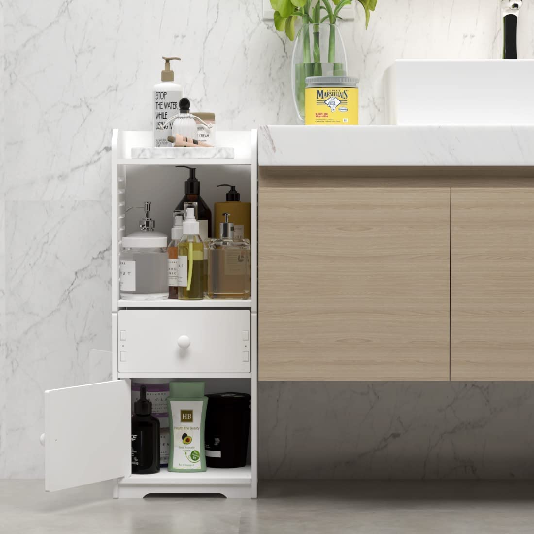 Storage Cabinet, Small Floor Bathroom Organizer Free Standing, Side Toilet Cabinet with Drawer and Door,